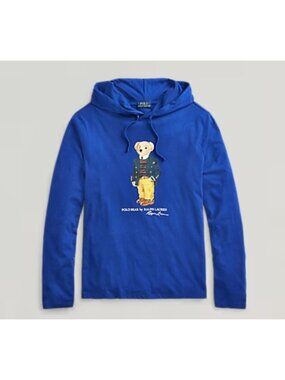 Polo Ralph Lauren Blue Polo Bear Hooded Long Sleeve Shirt Hoodie Men Medium